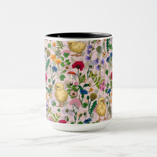 コットンキャンディーピンクにニワトリとワイルドフラワー マグカップ (中央)