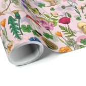 コットンキャンディーピンクにニワトリとワイルドフラワー ラッピングペーパー (ロールコーナー)