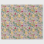 コットンキャンディーピンクにニワトリとワイルドフラワー ラッピングペーパー (フラット)