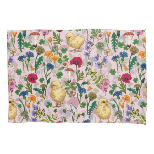 コットンキャンディーピンクにニワトリとワイルドフラワー 枕カバー (正面左)