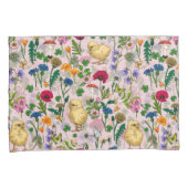 コットンキャンディーピンクにニワトリとワイルドフラワー 枕カバー (正面右)