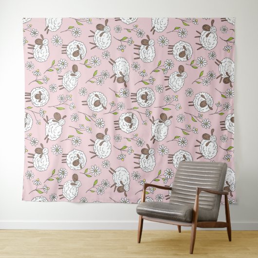 コットンキャンディーピンクに羊を数える タペストリー (インサイチュ(横))