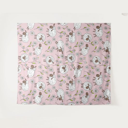 コットンキャンディーピンクに羊を数える タペストリー (正面(横))