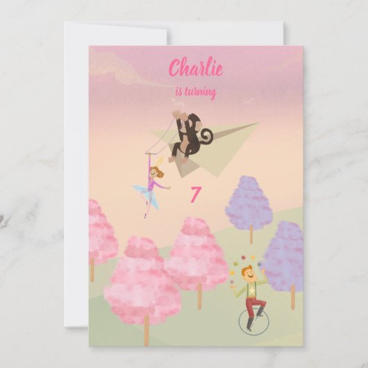 コットンキャンディーモンキージャンプ誕生日 招待状 (正面)