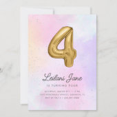 コットンキャンディ・ウォーターカラー・ガールズ 4歳誕生日風船 招待状 (正面)