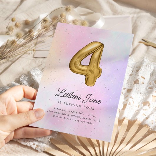コットンキャンディ・ウォーターカラー・ガールズ 4歳誕生日風船 招待状
