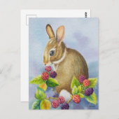 コットンテールラビットアンドブラックベリーウォーターカラーアート ポストカード (正面/裏面)