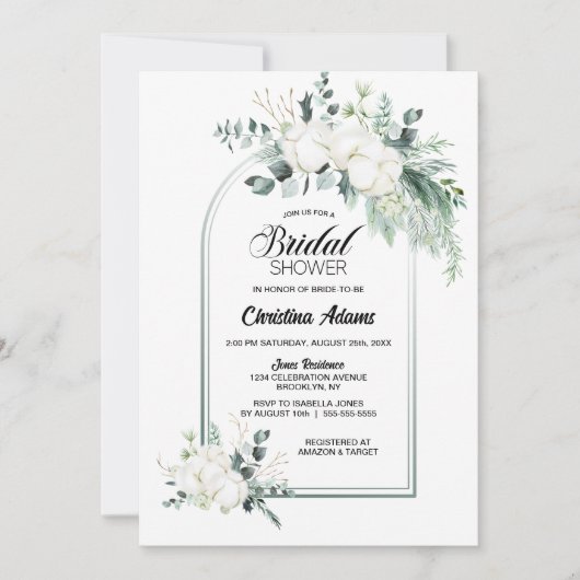 コットンフラワーユーカリプトゥスアーチブライダルシャワー 招待状 (正面)
