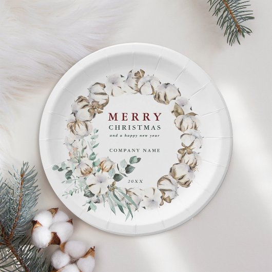 コットンフラワーリースメリークリスマスホリデー ペーパープレート
