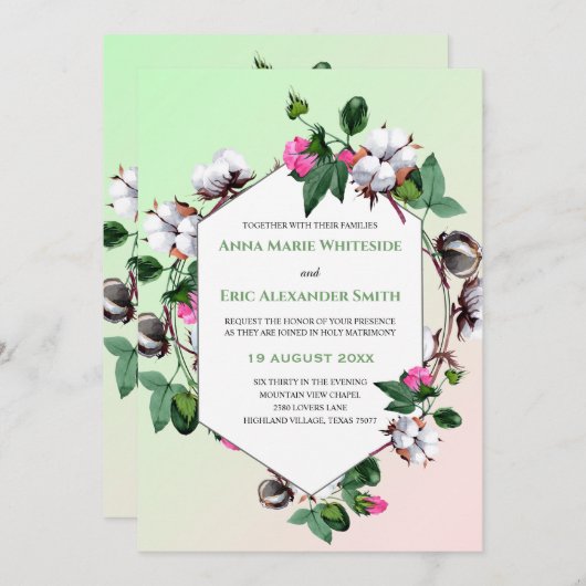 コットンボルズピンクグリーン結婚式招待状 招待状 (正面/裏面)
