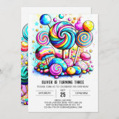 コットンモダンキャンディ編集可能誕生日 招待状 (正面/裏面)