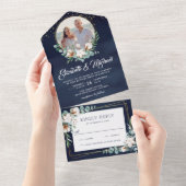 コットンユーカリの葉の写真 ネイビーブルーの結婚式 オールインワン招待状 (貼ってはがせる)