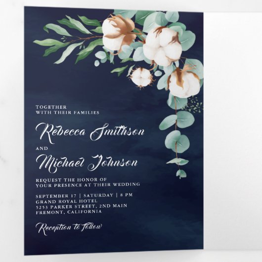 コットンユーカリ写真コラージュ海軍ブルー結婚ズ 三つ折り招待状 (内部最初)