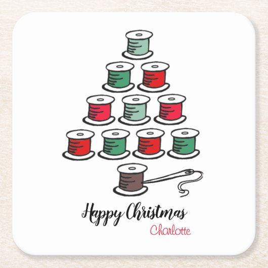 コットンリールクリスマスツリー裁縫 スクエアペーパーコースター (正面)