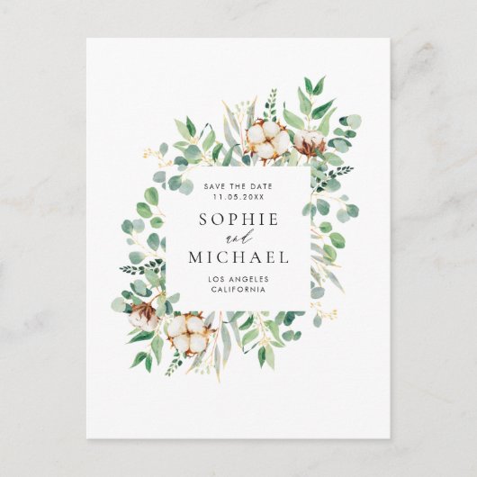 コットン素朴とユーカリのフレーム日付を保存 ポストカード (正面)