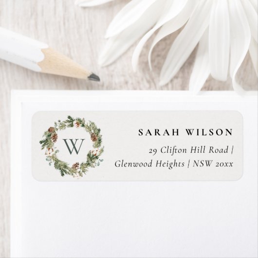 コットン素朴パインコーンMonigramクリスマスアドレス ラベル (インサイチュ)