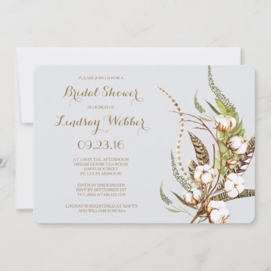 コットン素朴フローラ羽毛ブライダルシャワー 招待状 (正面)