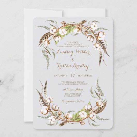 コットン素朴リースフェザー結婚 招待状 (正面)
