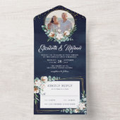 コットン葉ユーカリスフォトネイビー結婚ブルー オールインワン招待状 (内側)