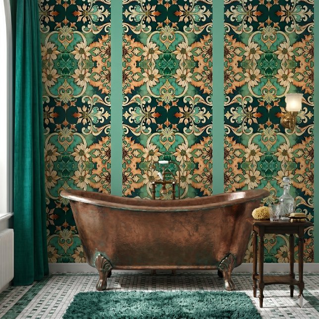 コッパーパティーナ・アカンサス・スクロール・ダマスク・ストライプ 壁紙 (vintage style copper patina scrollwork damask stripe wallpaper in Victorian inspired bathroom)