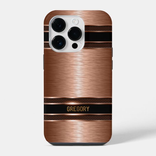 コッパーブラウンの色調 メタリックテクスチャ モノグラム iPhoneケース (裏面)