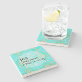 コップの青いモロッコのタイルの茶時間抱擁 ストーンコースター (横)