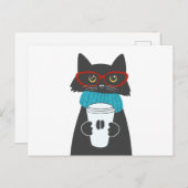 コップ1杯のコーヒーを持つメガネ猫 ポストカード (正面/裏面)