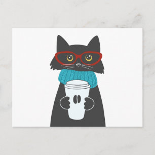 コップ1杯のコーヒーを持つメガネ猫 ポストカード