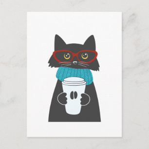 コップ1杯のコーヒーを持つメガネ猫 ポストカード