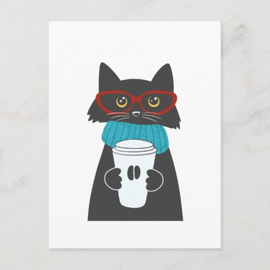 コップ1杯のコーヒーを持つメガネ猫 ポストカード (正面)