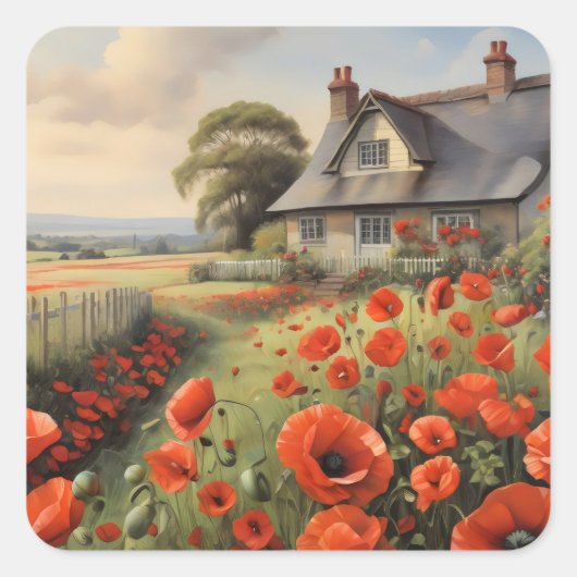 コテージとピケットフェンスと赤いポピー草原 スクエアシール (正面)