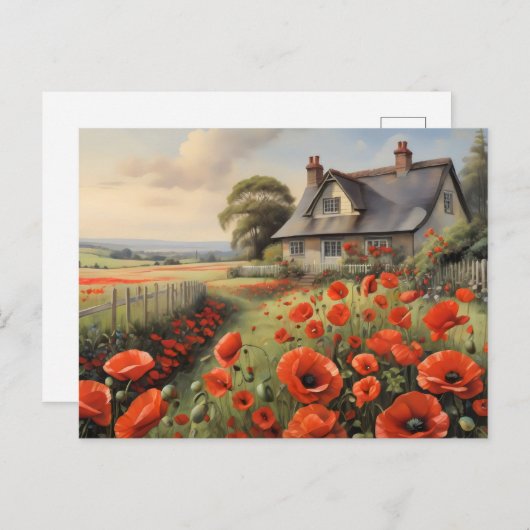 コテージとピケットフェンスと赤いポピー草原 ポストカード (正面/裏面)