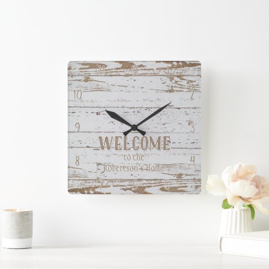コテージのスタイルの歓迎の木の塀木板 スクエア壁時計 (ホーム)
