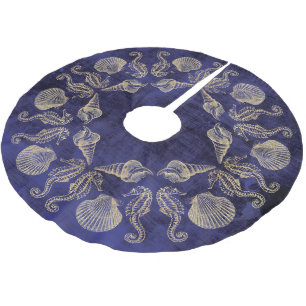 コテージのビーチの青い金ゴールドの海の貝 ブラッシュドポリエステルツリースカート