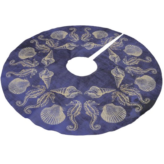 コテージのビーチの青い金ゴールドの海の貝 ブラッシュドポリエステルツリースカート (アングル)