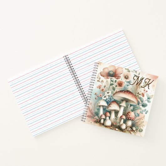 コテージのモノグラムのコアマッシュルームと花 ノートブック (内部)