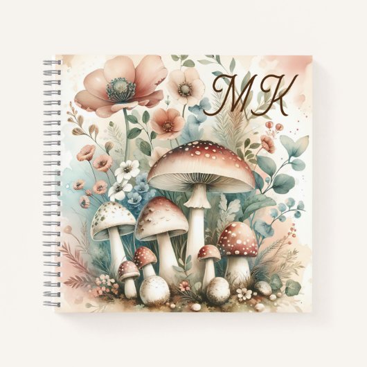 コテージのモノグラムのコアマッシュルームと花 ノートブック (正面)