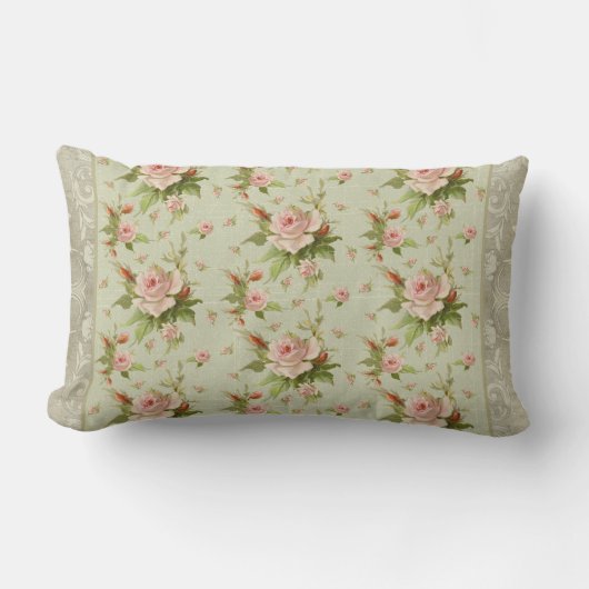 コテージのヴィンテージのダマスク織バラパターンの夏 ランバークッション (正面)