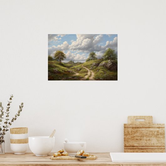 コテージの丘を曲がりくねった道の油絵 ポスター (キッチン)