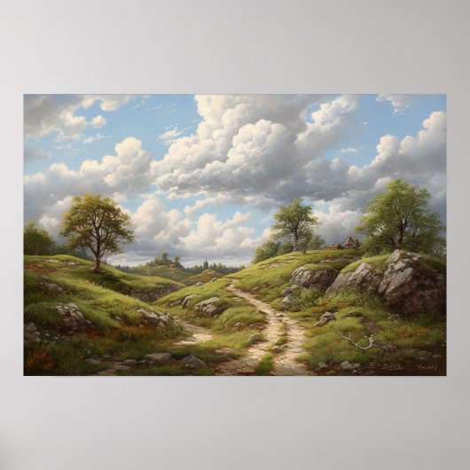 コテージの丘を曲がりくねった道の油絵 ポスター (正面)