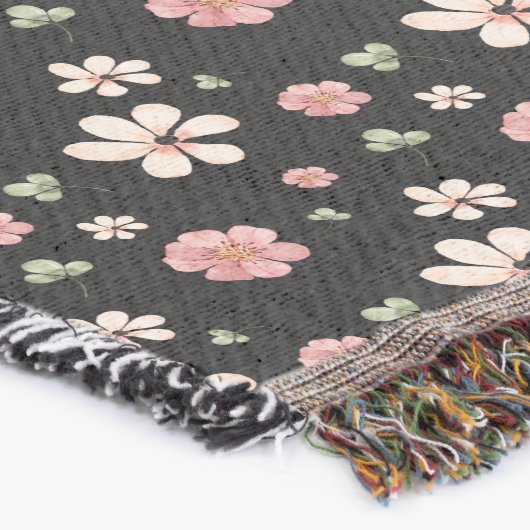 コテージの水彩花ブラックパターン スローブランケット (コーナー)