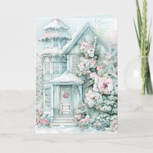 コテージエレガントハウスウィンタークリスマスシーン シーズンカード (正面)