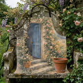 コテージガーデンの青い扉の花の小道の風景 エプロン