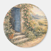 コテージガーデンの青い扉の花の小道の風景 マグネット (正面)