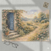 コテージガーデンの青い扉の花の道の風景 ジグソーパズル