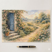 コテージガーデンの青い扉の花の道の風景 ジグソーパズル