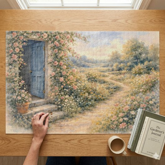 コテージガーデンの青い扉の花の道の風景 ジグソーパズル
