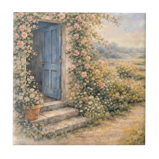 コテージガーデンの青い扉の花の道の風景 タイル (正面)