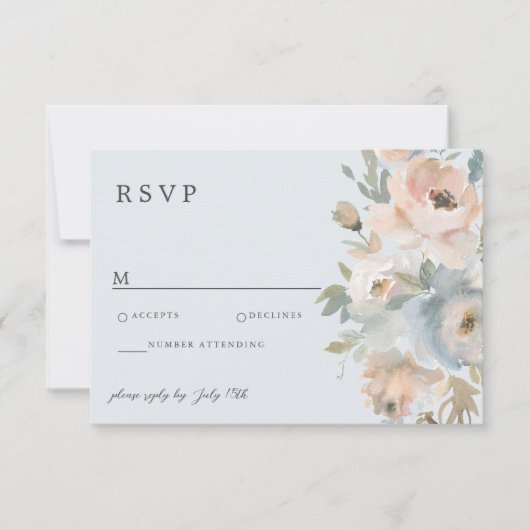 コテージガーデンパステルブルーピーチコーラルRSVPカード 出欠カード (正面)