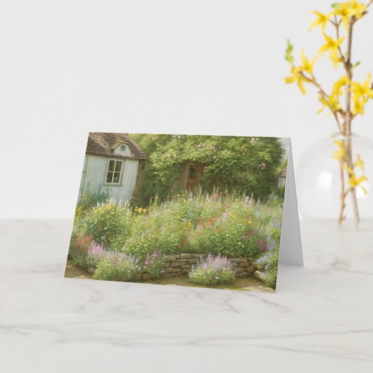 コテージガーデンフラワーシーンアートノートカード カード (黄色い花)